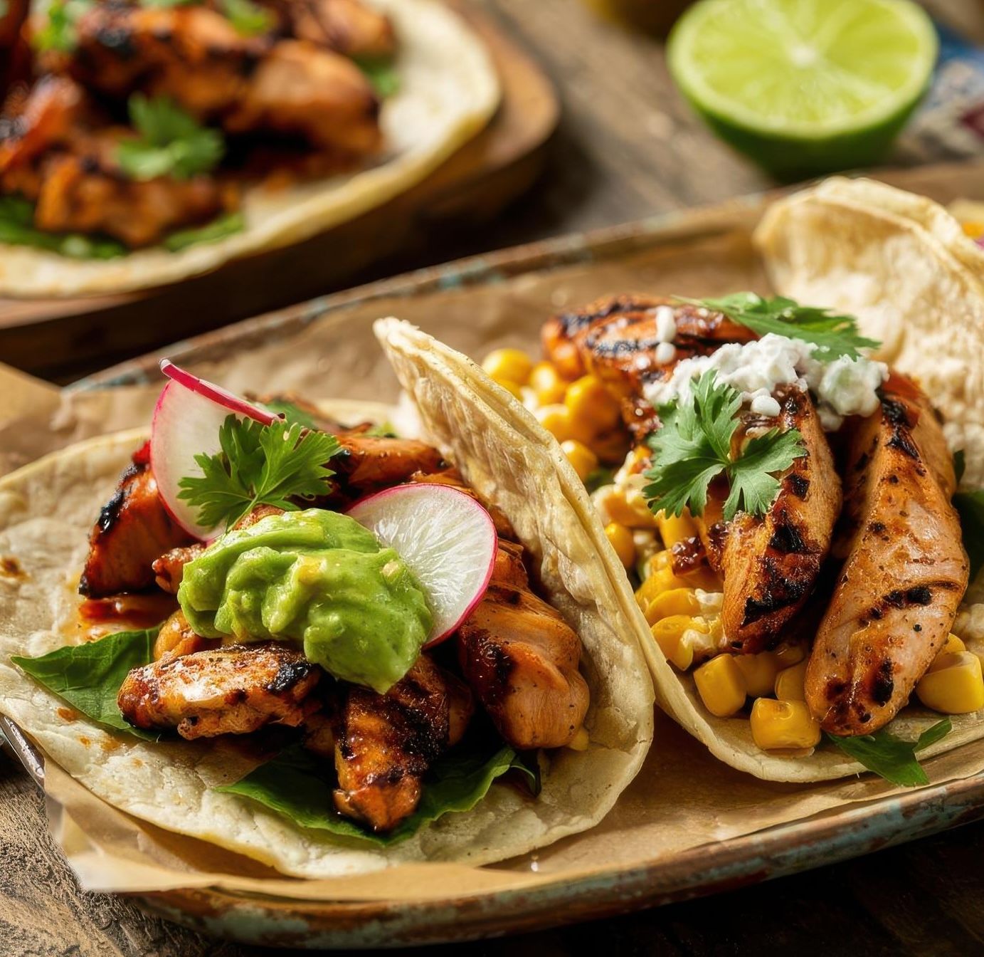 Two grilled chicken tacos with fresh toppings, including guacamole, corn, radish, and cilantro on tortillas.