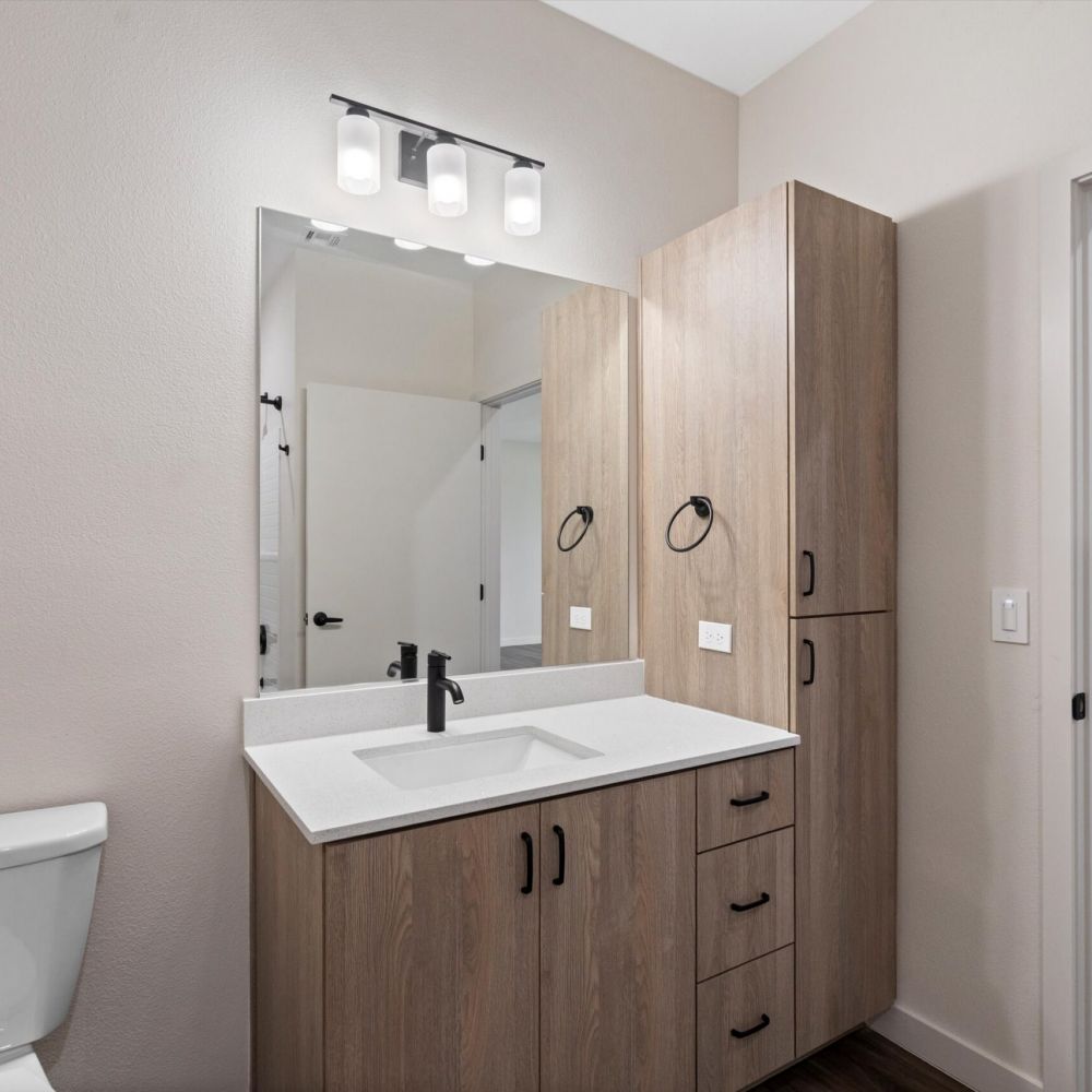 Modern bathroom with a wood vanity, large mirror, white sink, black faucet, and toilet next to the counter.