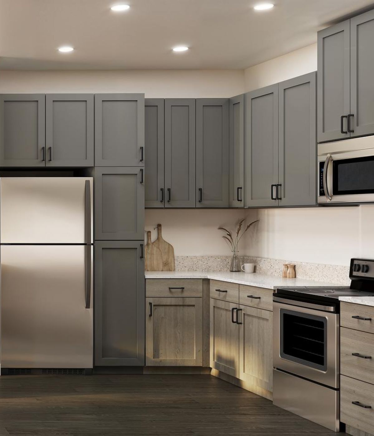 Modern living room and kitchen with tan sofa, dining table, gray cabinets, and cactus plant by a large window.