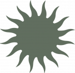 A gray-green sunburst shape with wavy, pointed rays on a light background.