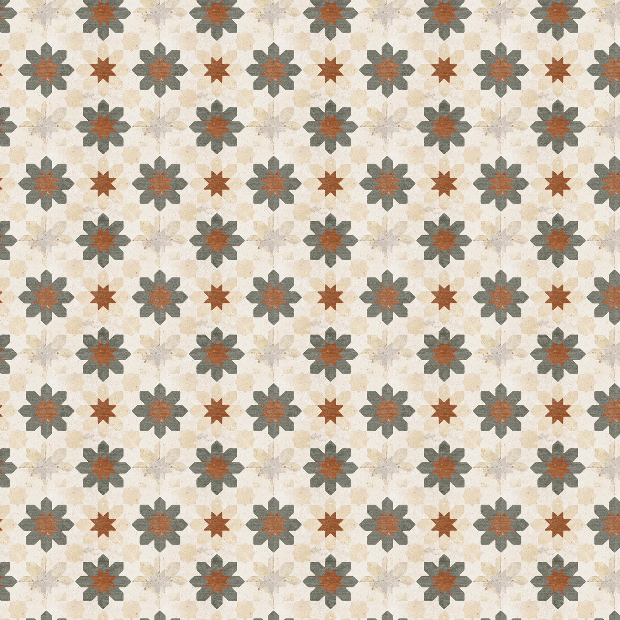 Geometric floral pattern with alternating red stars and blue-green flowers on a beige background.