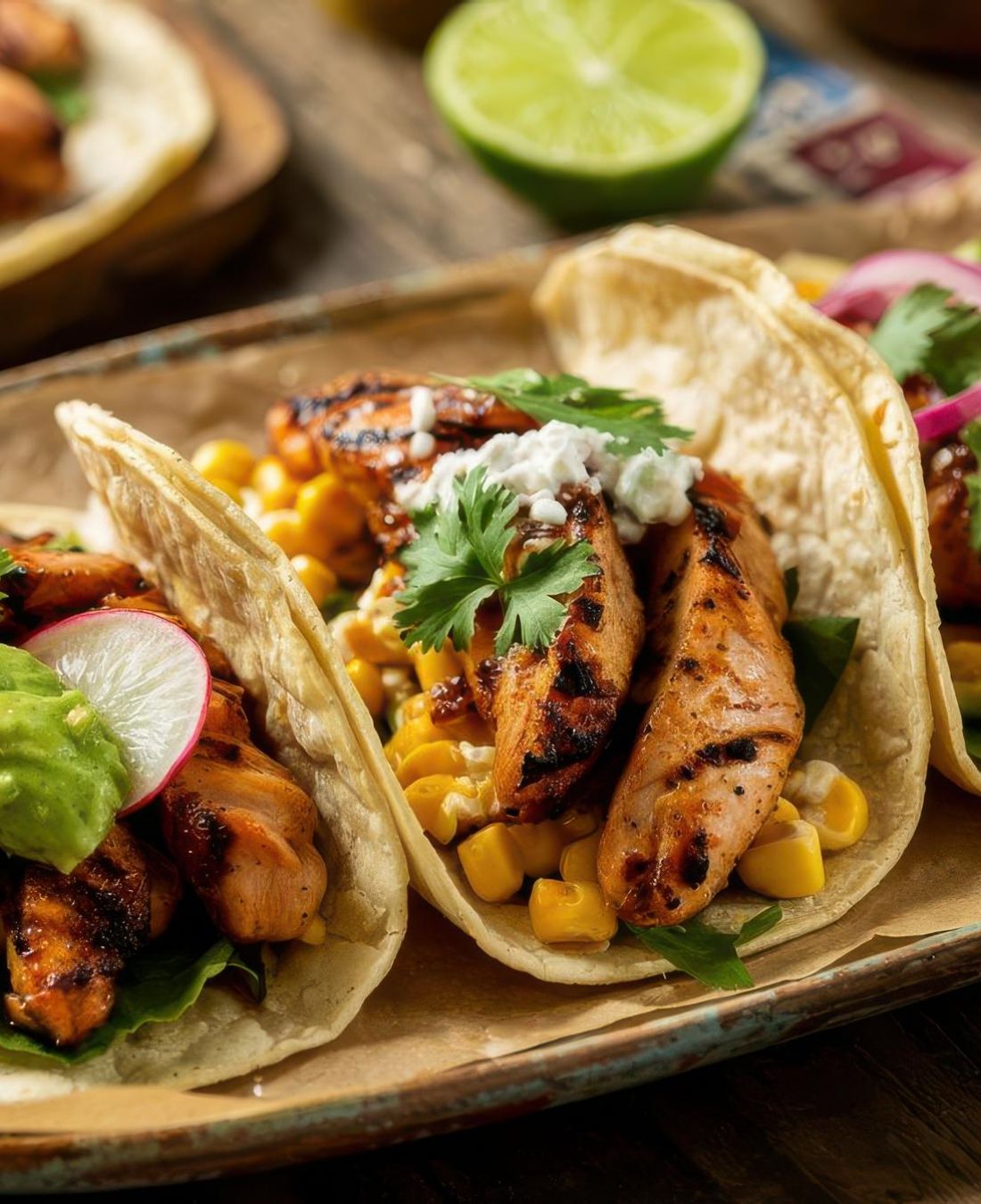 Three grilled chicken tacos with corn, guacamole, radish, cilantro, and onions on a tray, with lime in background.