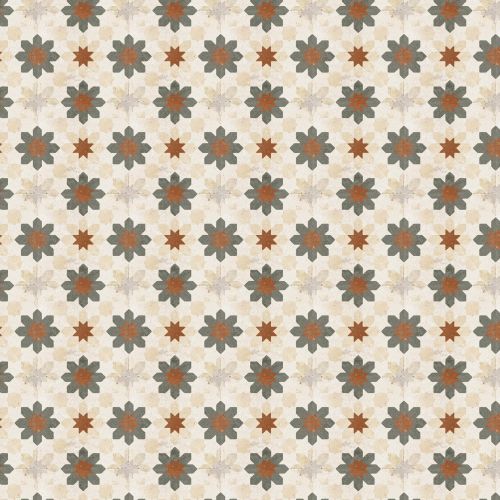Geometric floral pattern with alternating red stars and blue-green flowers on a beige background.