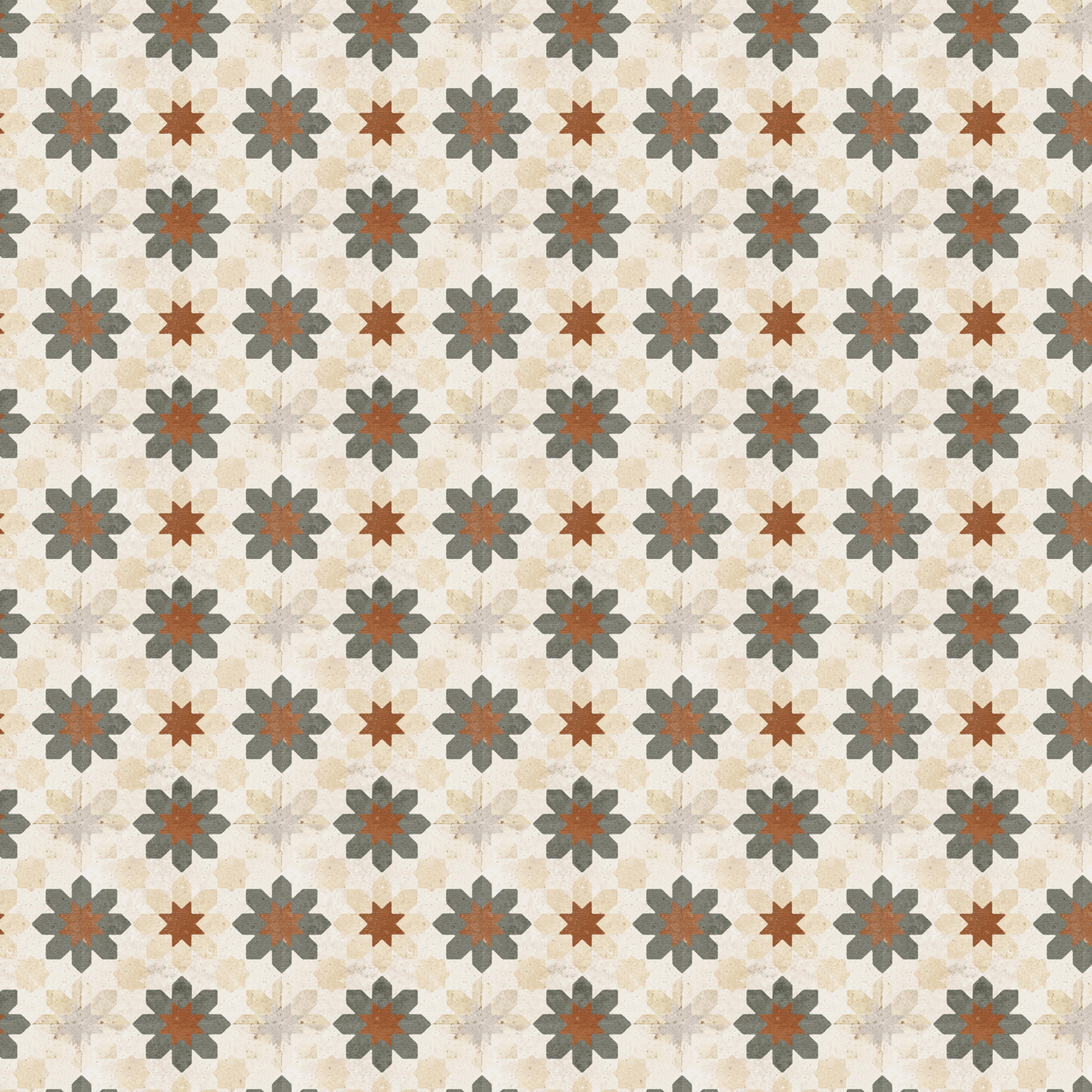 Geometric floral pattern with alternating red stars and blue-green flowers on a beige background.